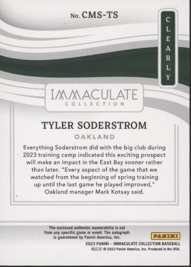 Tyler Soderstrom 2023 Panini Immaculate Collection Clearly Swatch Auto 11/49 - Collector Store LLC