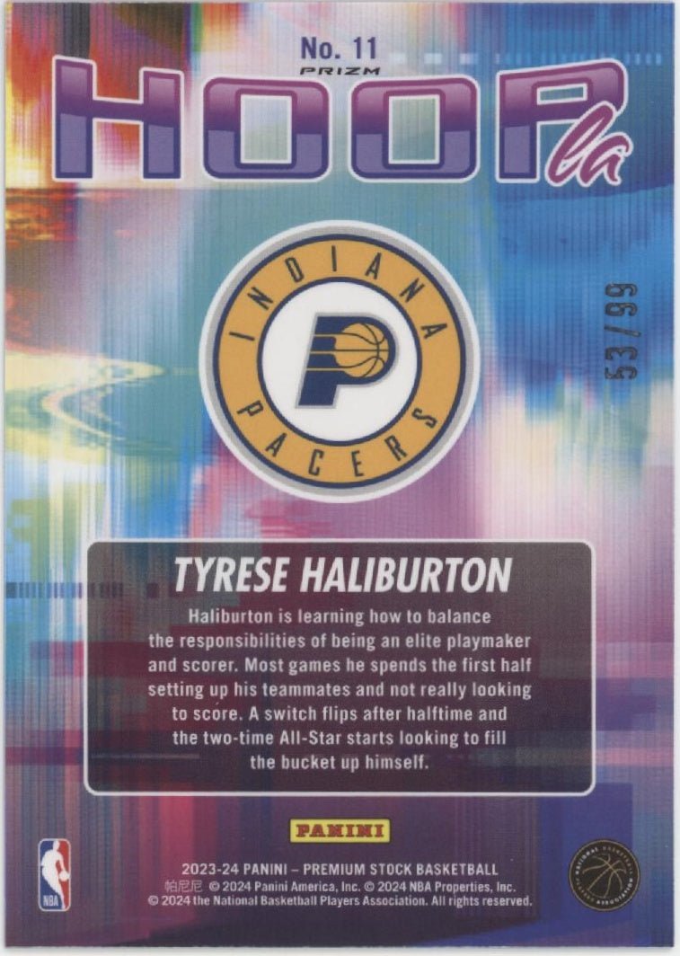 Tyrese Haliburton 2023 - 24 Panini Premium Stock Hoopla Prizm 53/99 #11 - Collector Store LLC