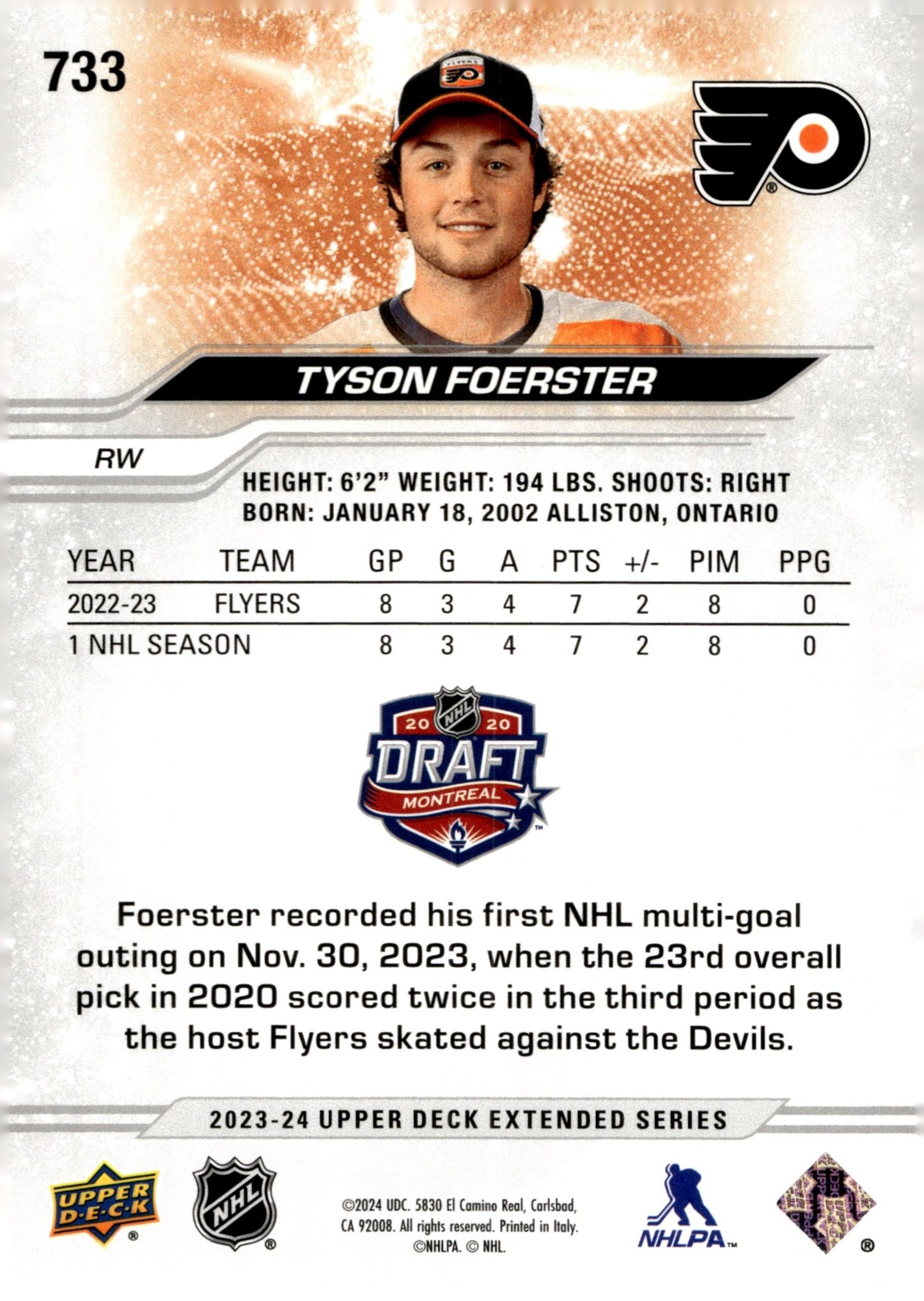 Tyson Foerster 2023 - 24 Upper Deck Extended Series Draft RC #733 - Collector Store LLC