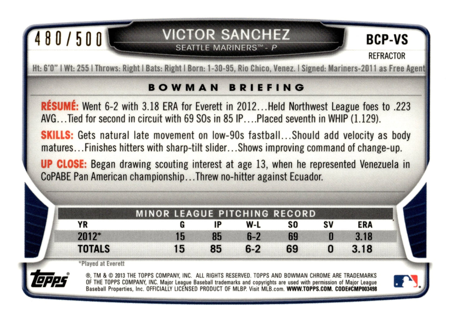 Victor Sanchez 2013 Bowman Chrome Refractor Auto 480/500 #BCP - VS - Collector Store LLC
