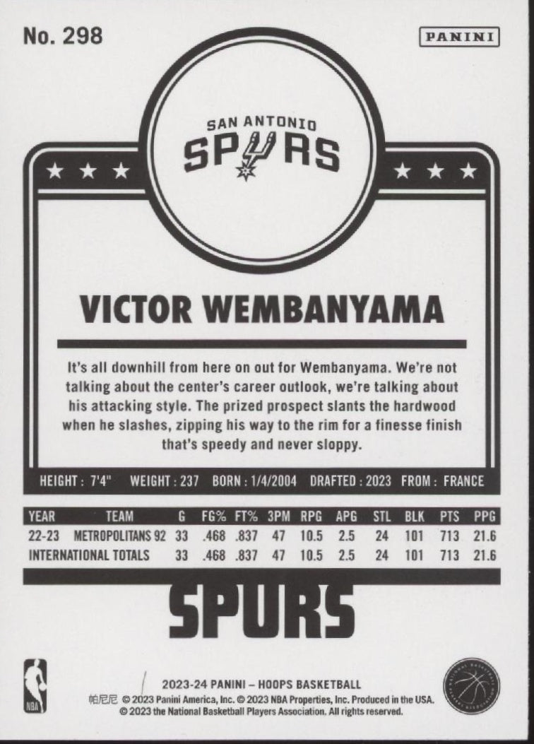 Victor Wembanyama 2023 - 24 Panini Hoops RC #298 #1 - Collector Store LLC