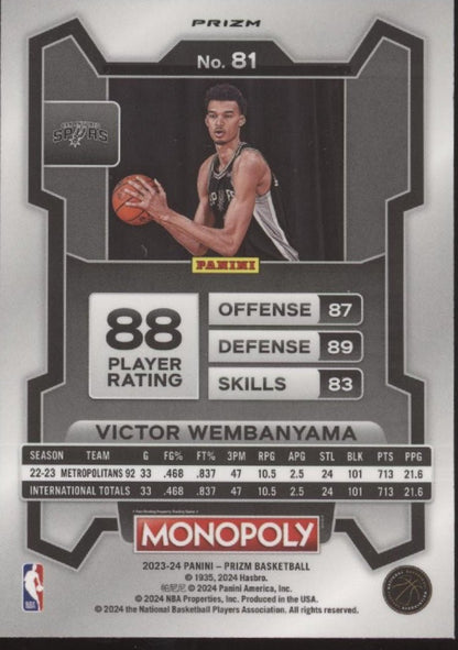 Victor Wembanyama 2023 - 24 Panini Prizm Monopoly Purple Wave Prizm RC #81 - Collector Store LLC