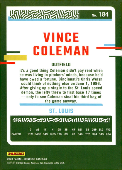 Vince Coleman 2023 Panini Donruss Blue #184 - Collector Store LLC