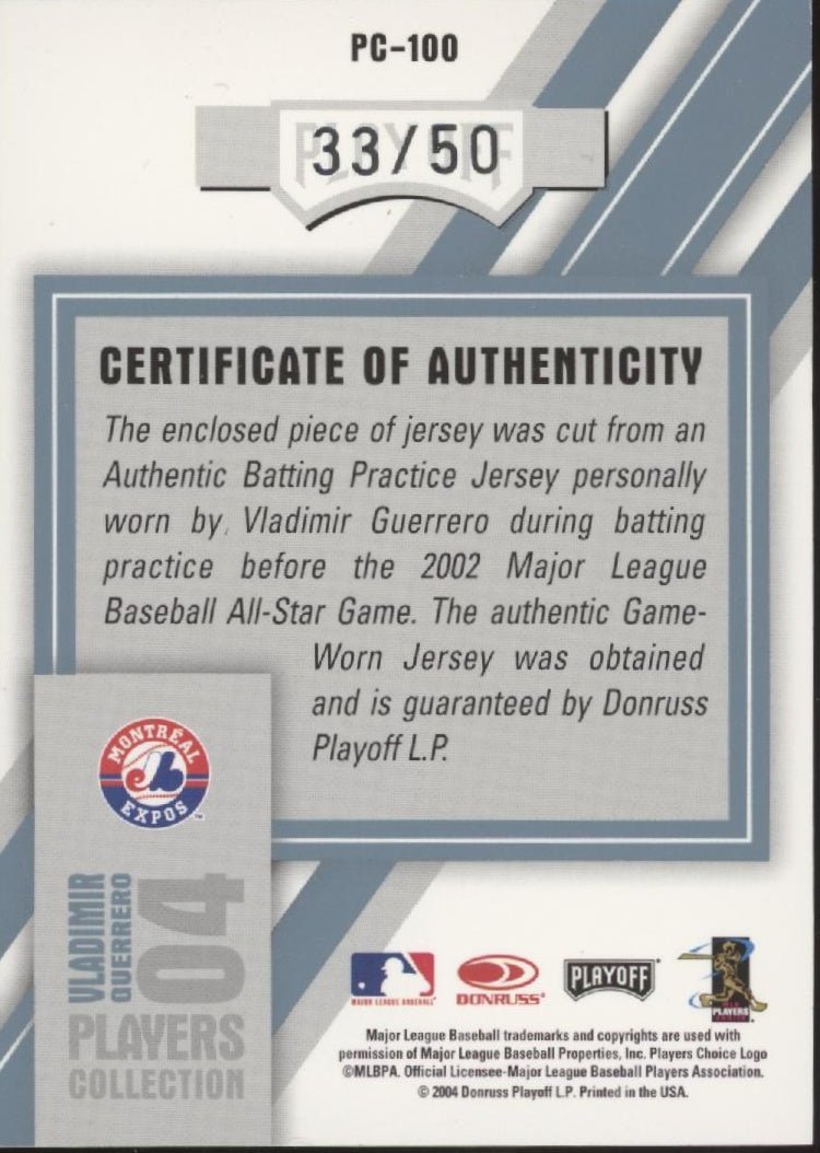 Vladimir Guerrero 2004 Playoff Prestige Players Collection 04 Swatch 33/50 - Collector Store LLC
