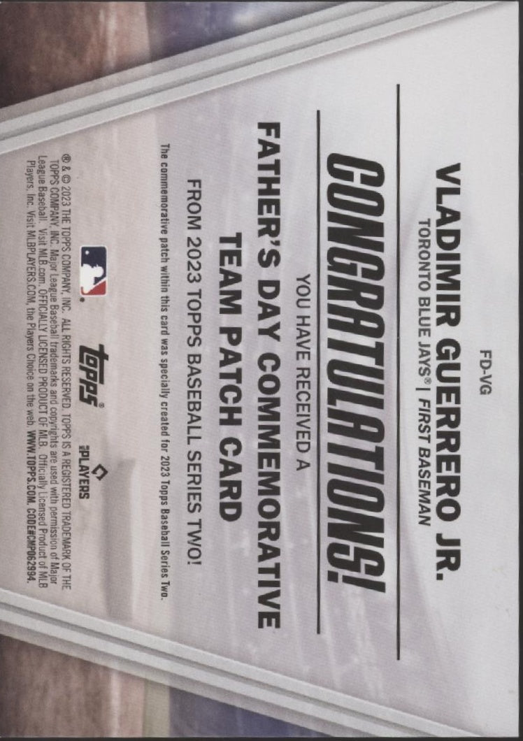 Vladimir Guerrero Jr. 2023 Topps Series 2 Father's Day Commemorative Patch Card - Collector Store LLC