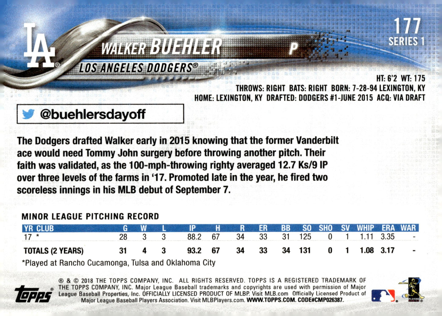 Walker Buehler 2018 Topps Series 1 RC #177 - Collector Store LLC