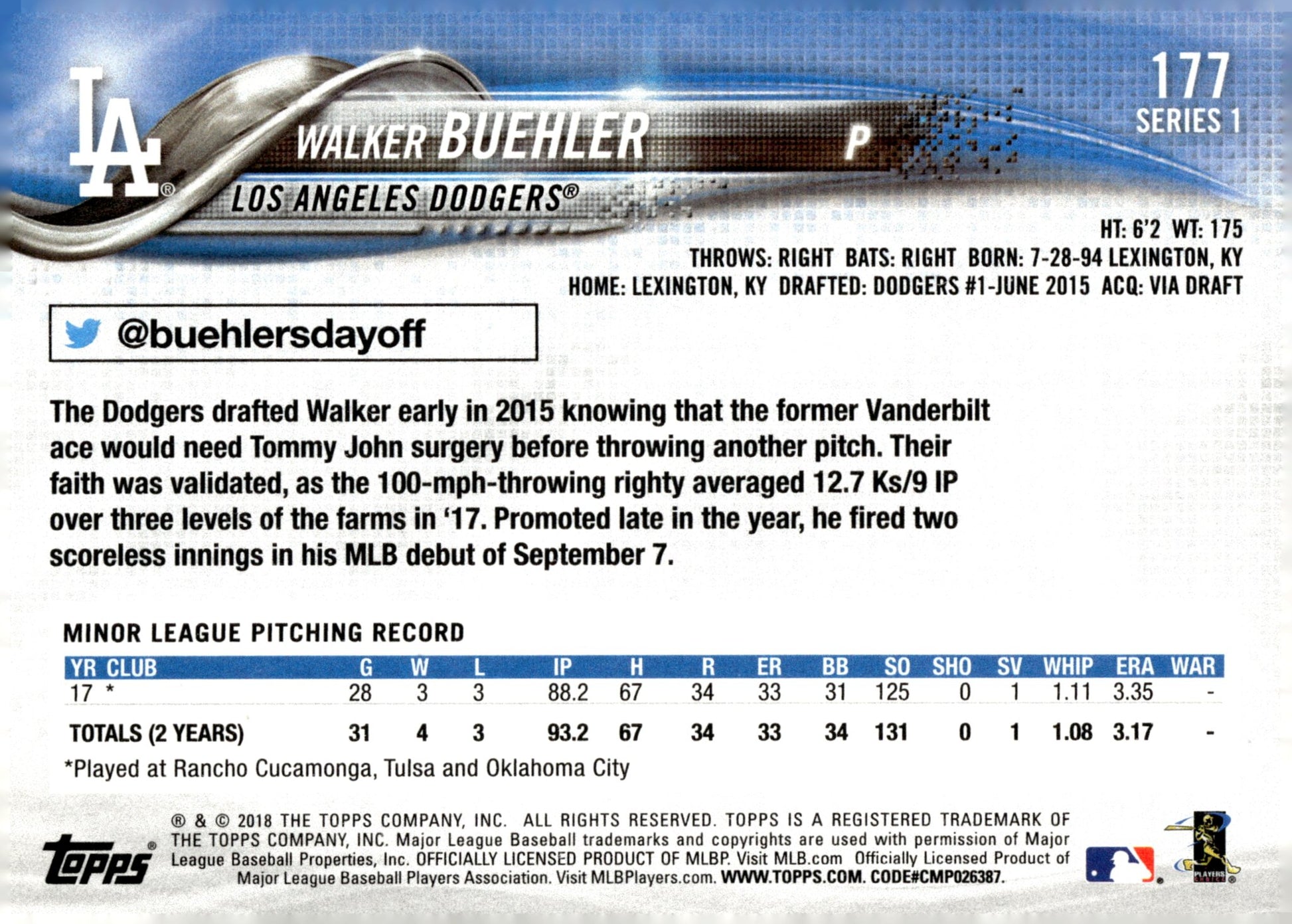 Walker Buehler 2018 Topps Series 1 RC #177 - Collector Store LLC
