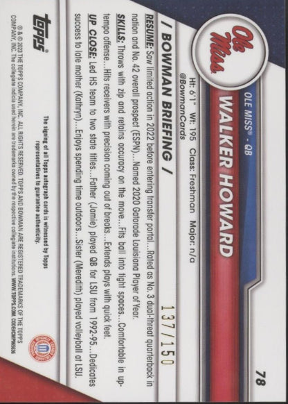 Walker Howard 2023 Bowman Chrome University Fuchsia Mini Diamond Auto 137/150 - Collector Store LLC