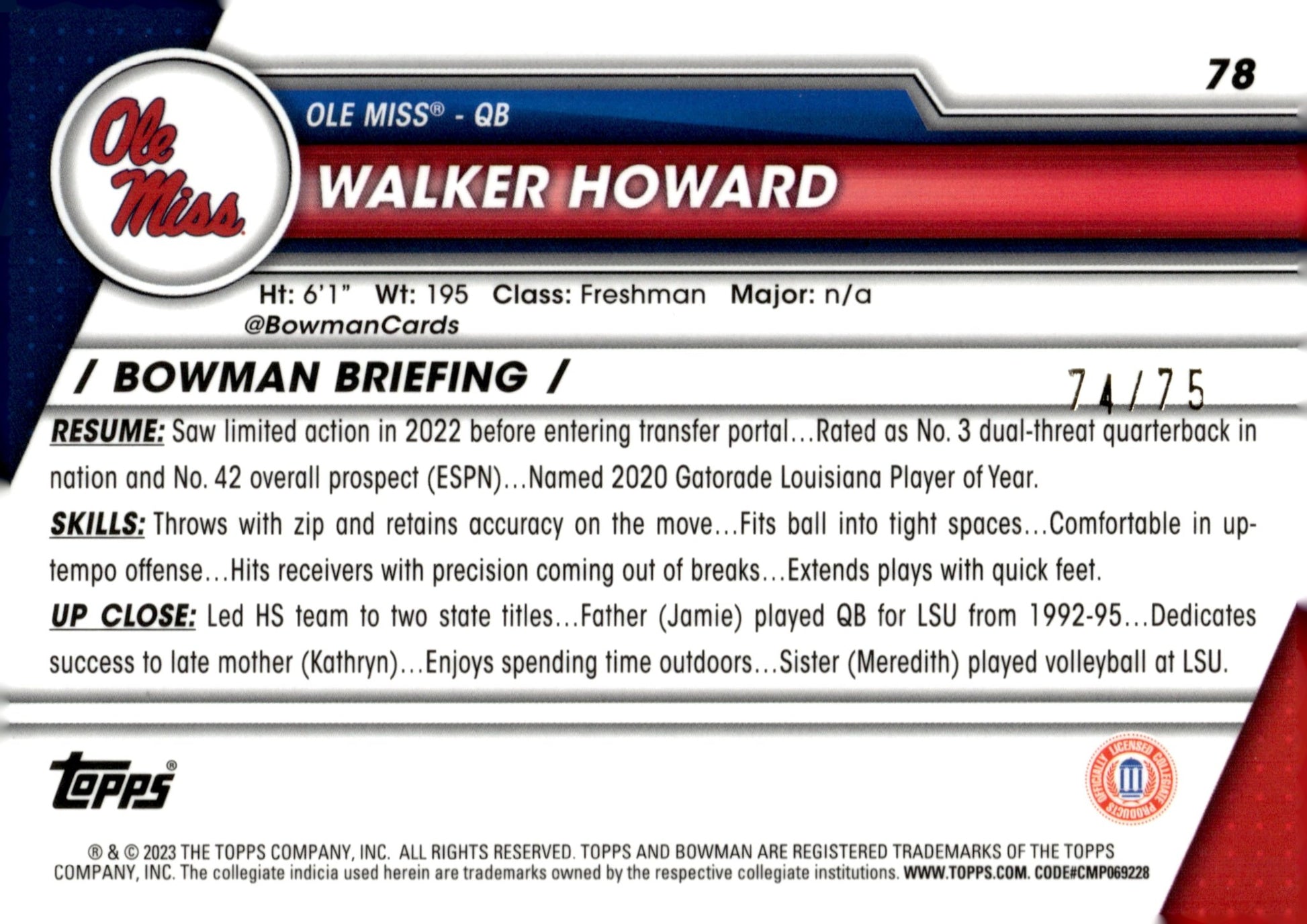 Walker Howard 2023 Bowman Chrome University Yellow Ice Refractor 74/75 #78 - Collector Store LLC