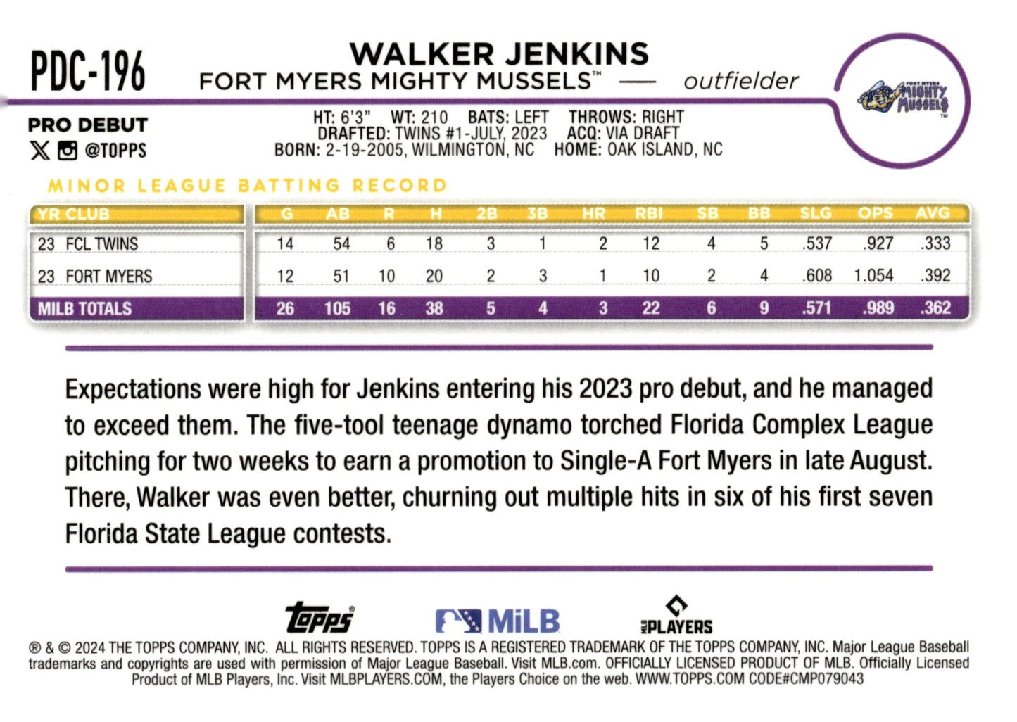 Walker Jenkins 2024 Topps Pro Debut Chrome Refractor #PDC - 196 - Collector Store LLC