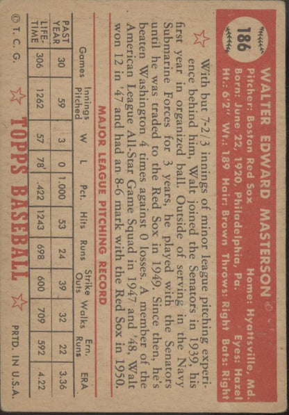 Walt Masterson 1952 Topps #186 Boston Red Sox VG - Collector Store LLC