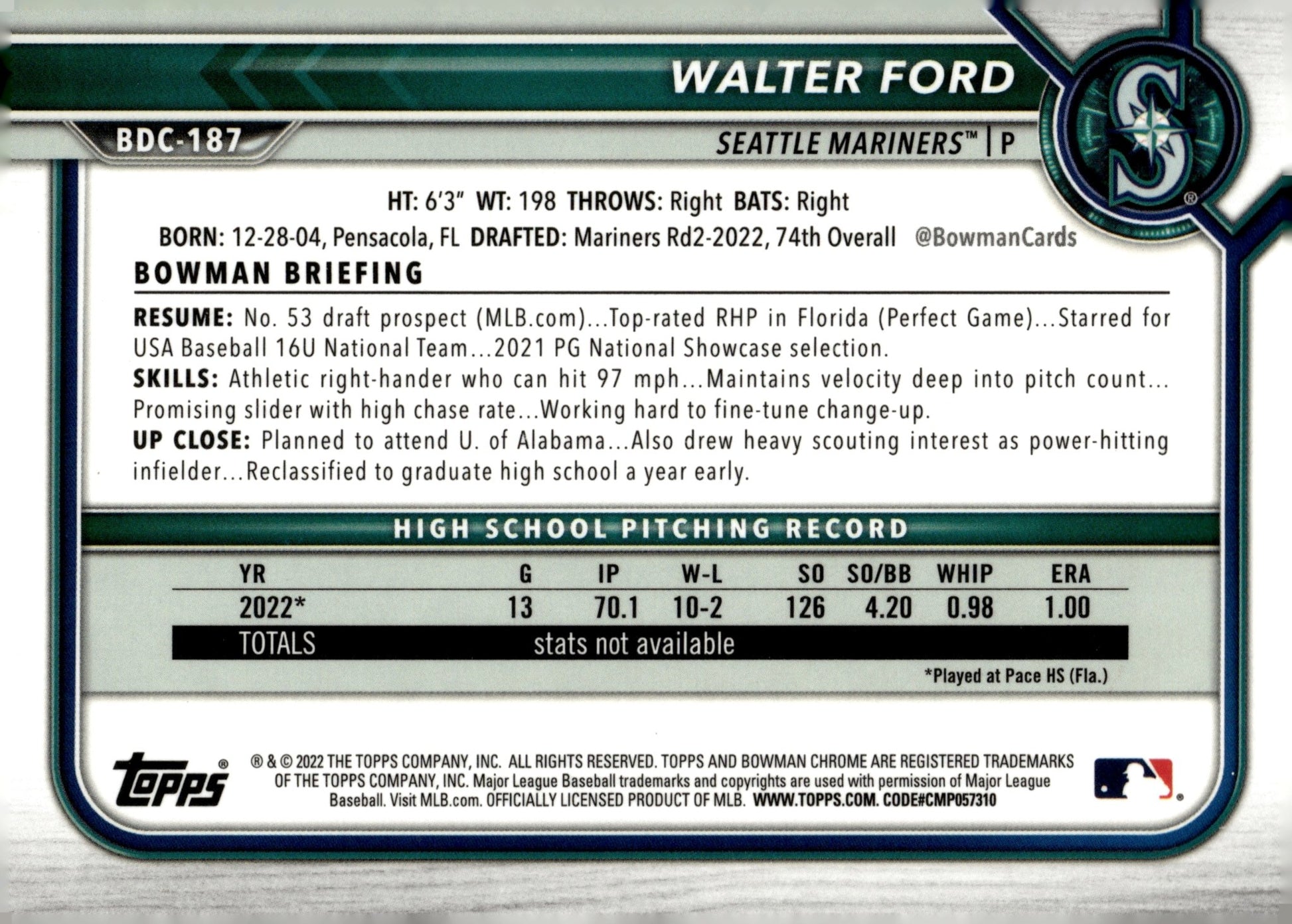 Walter Ford 2022 Bowman Chrome Prospects Speckle Refractor #BDC - 187 - Collector Store LLC