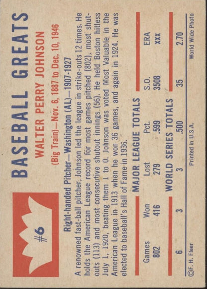 Walter Johnson 1960 Fleer Greats #6 Washington Senators VG - Collector Store LLC