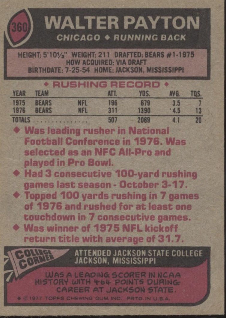 Walter Payton 1977 Topps #360 Chicago Bears VG - Collector Store LLC