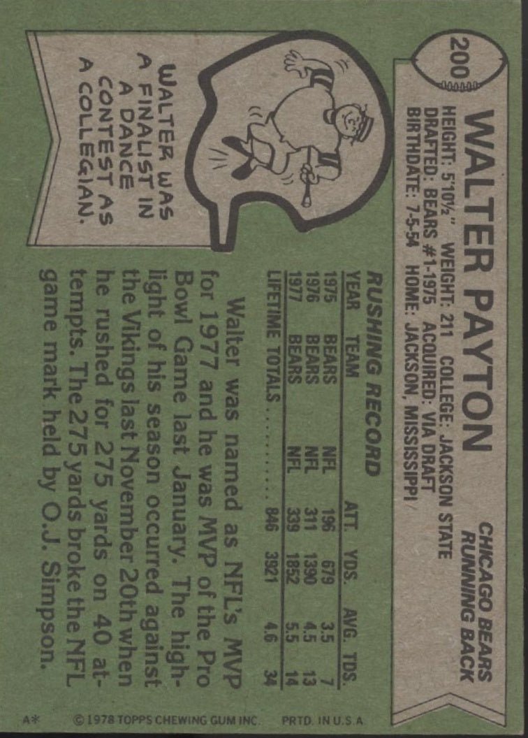 Walter Payton 1978 Topps 200 Chicago Bears VG - Collector Store LLC