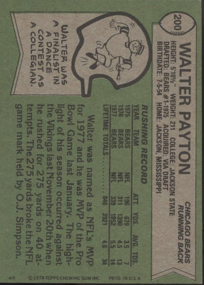 Walter Payton 1978 Topps 200 Chicago Bears VG - Collector Store LLC