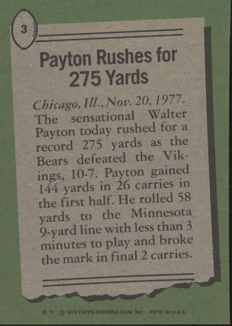 Walter Payton 1978 Topps Rushes for 275 Yards #3 EX - NM #1 - Collector Store LLC