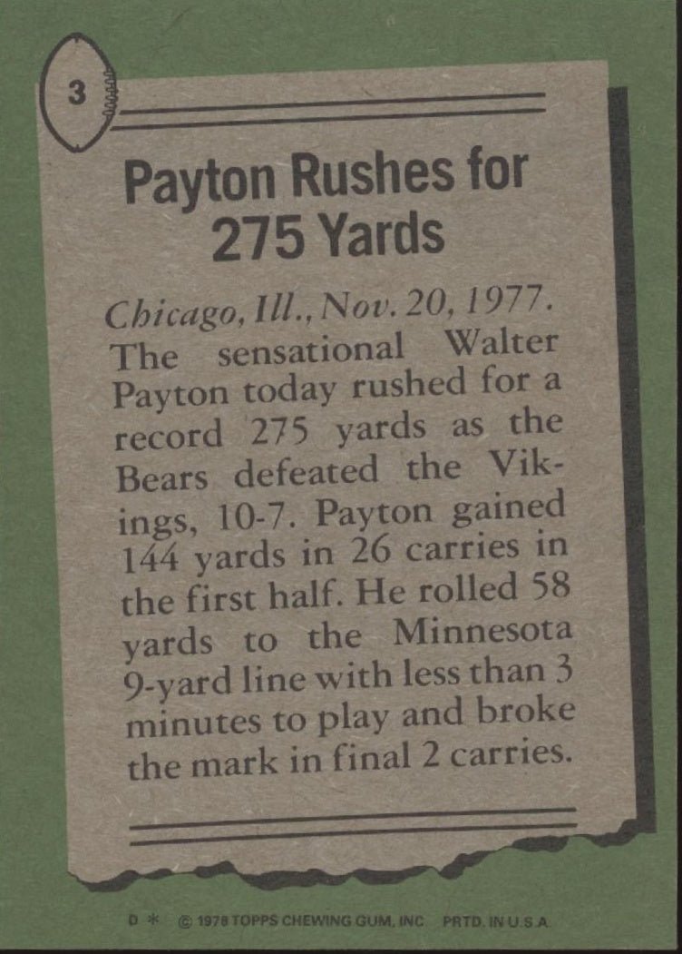 Walter Payton 1978 Topps Rushes for 275 Yards #3 EX - NM #2 - Collector Store LLC