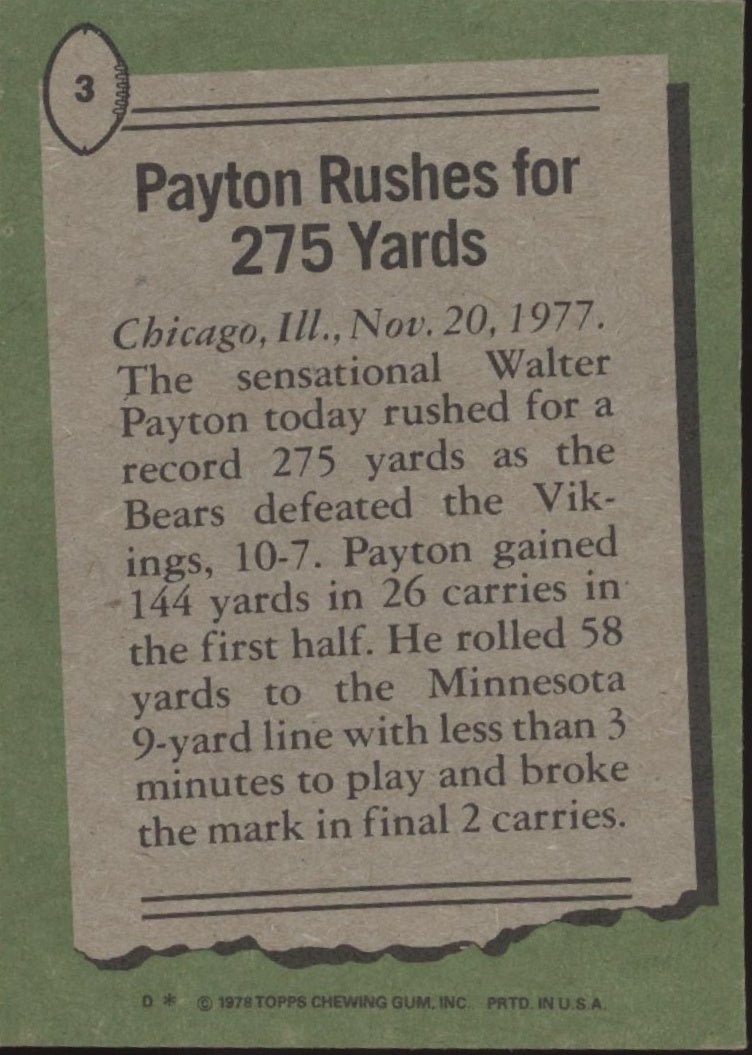 Walter Payton 1978 Topps Rushes for 275 Yards #3 EX - NM #3 - Collector Store LLC