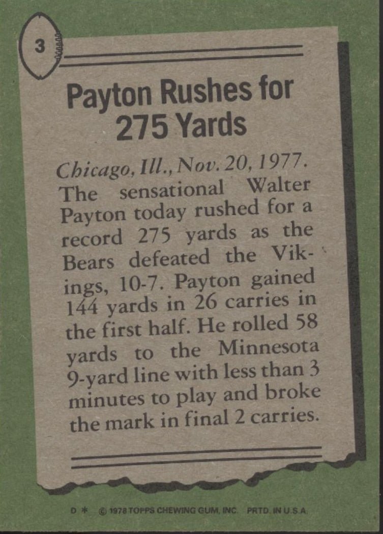 Walter Payton 1978 Topps Rushes for 275 Yards #3 EX - NM #4 - Collector Store LLC