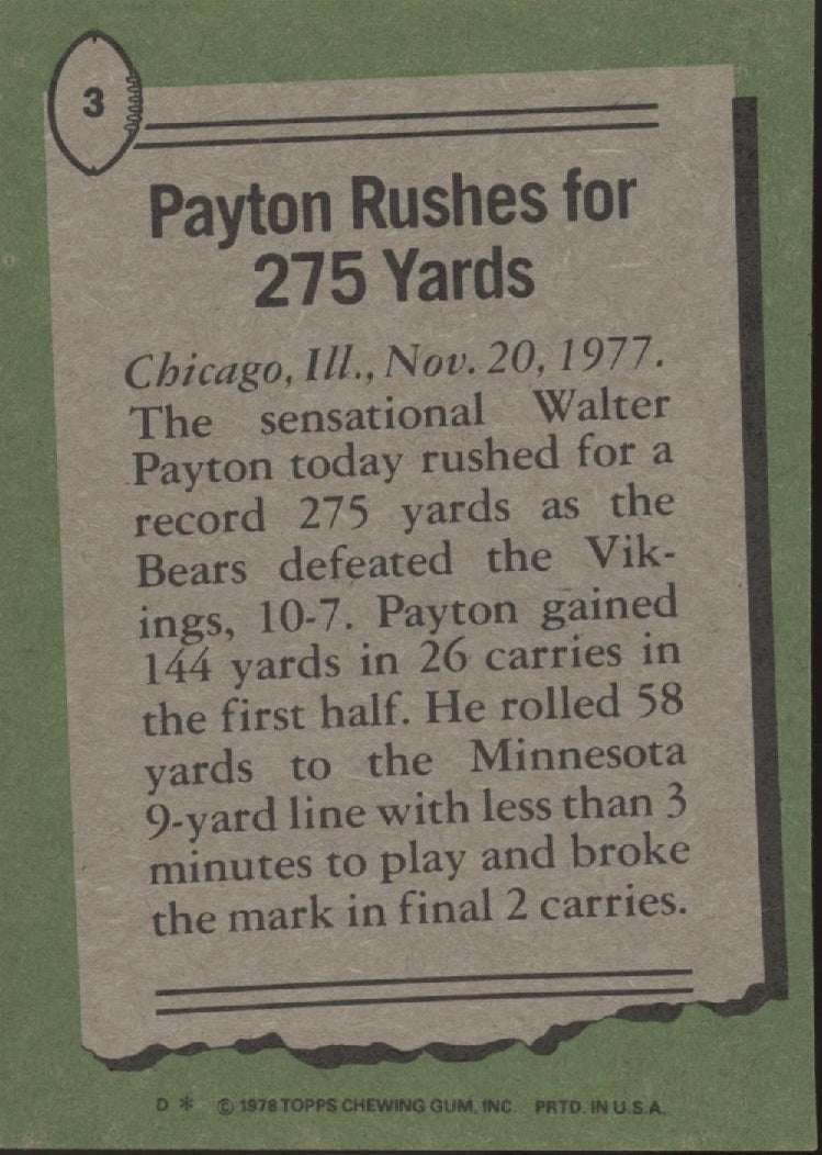 Walter Payton 1978 Topps Rushes for 275 Yards #3 EX - NM #5 - Collector Store LLC