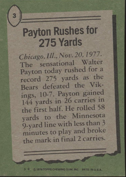 Walter Payton 1978 Topps Rushes for 275 Yards #3 EX - NM #5 - Collector Store LLC