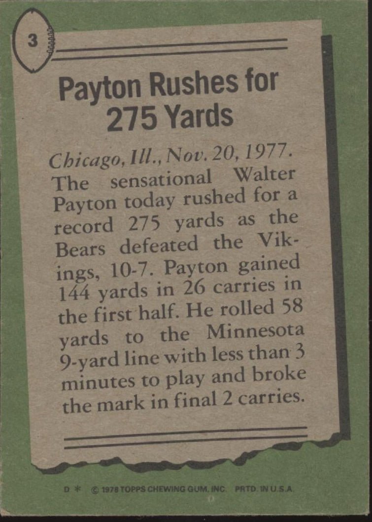 Walter Payton 1978 Topps Rushes for 275 Yards #3 EX - NM #6 - Collector Store LLC