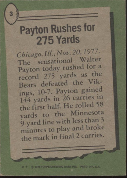 Walter Payton 1978 Topps Rushes for 275 Yards #3 EX - NM #6 - Collector Store LLC