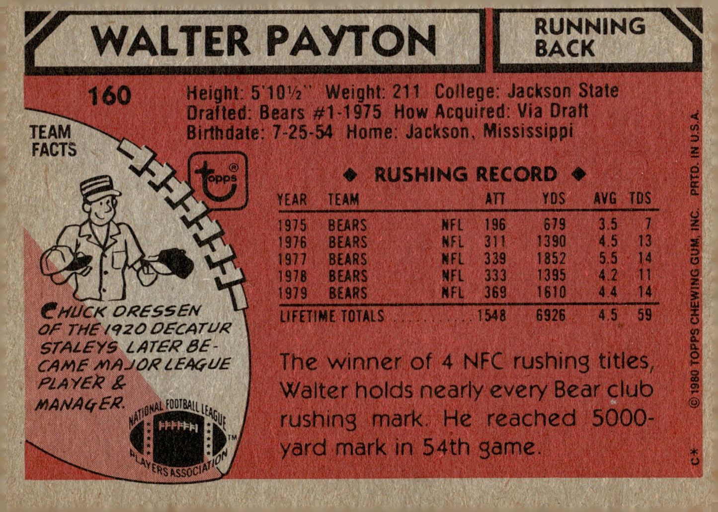 Walter Payton 1980 Topps #160 Chicago Bears - Collector Store LLC