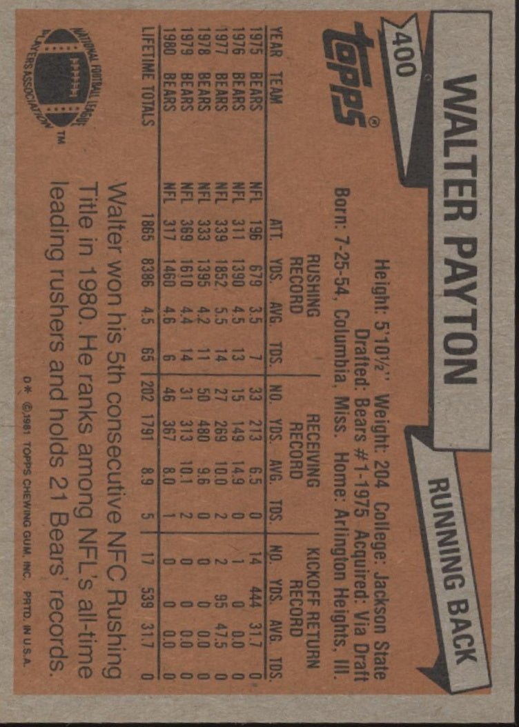 Walter Payton 1981 Topps #400 Chicago Bears #2 - Collector Store LLC