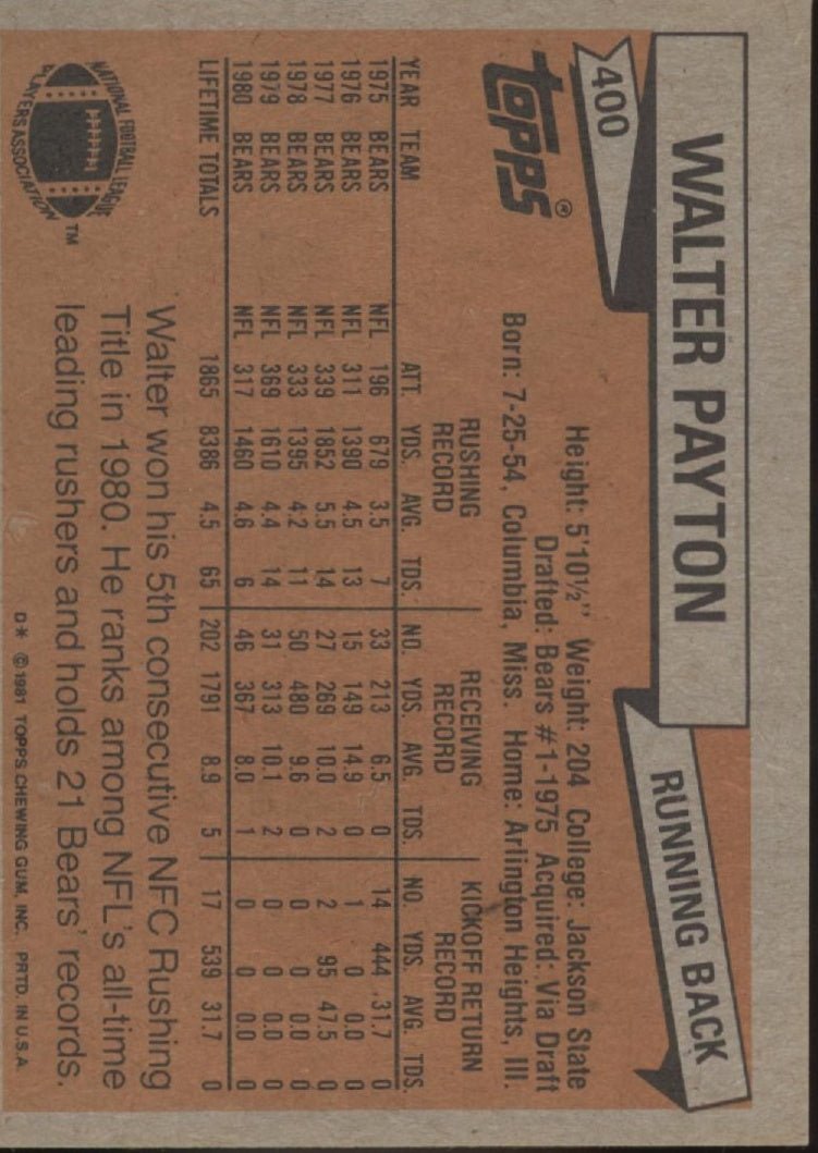 Walter Payton 1981 Topps #400 Chicago Bears #3 - Collector Store LLC