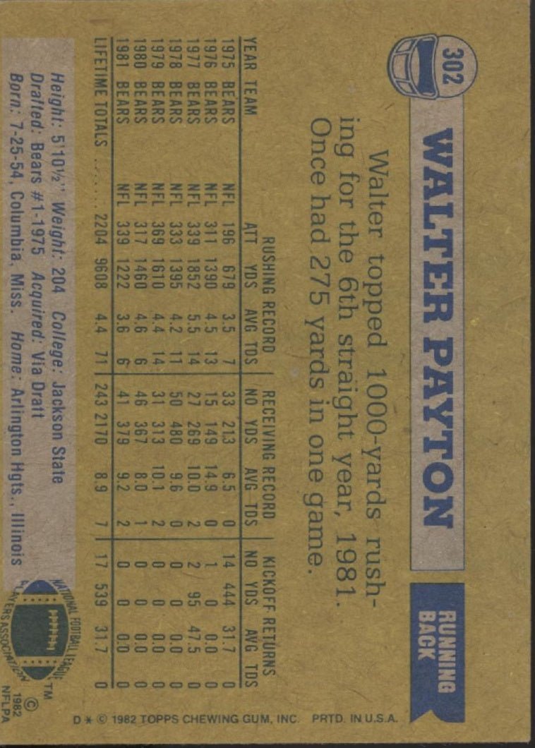 Walter Payton 1982 Topps #302 Chicago Bears #1 - Collector Store LLC
