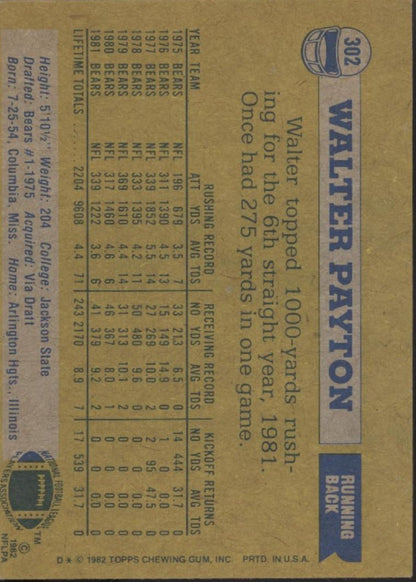 Walter Payton 1982 Topps #302 Chicago Bears #1 - Collector Store LLC
