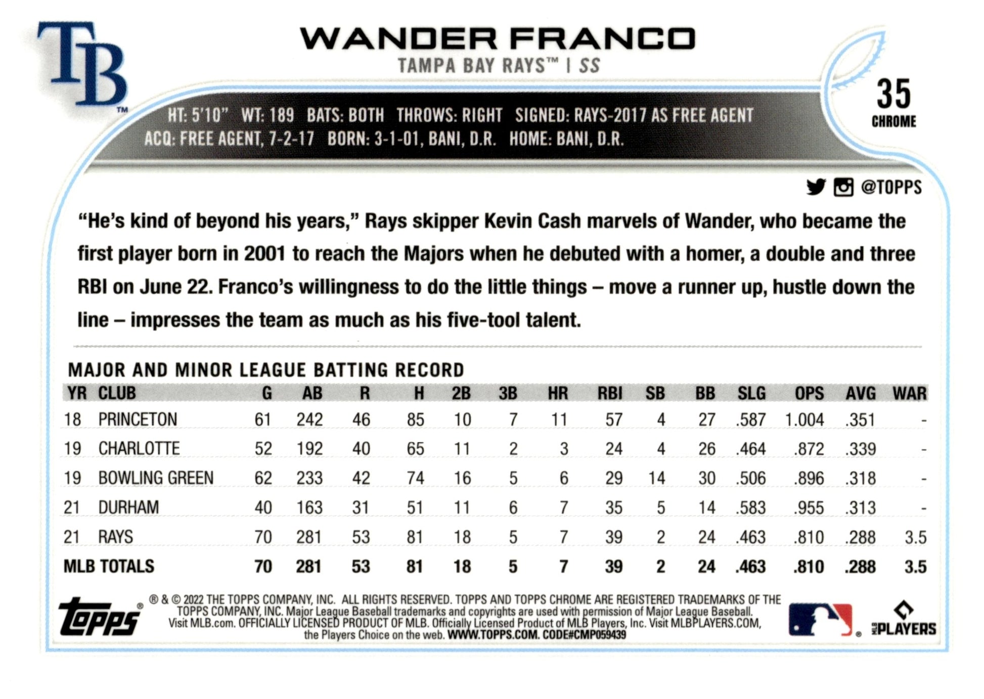 Wander Franco 2022 Topps Chrome RC #35 - Collector Store LLC