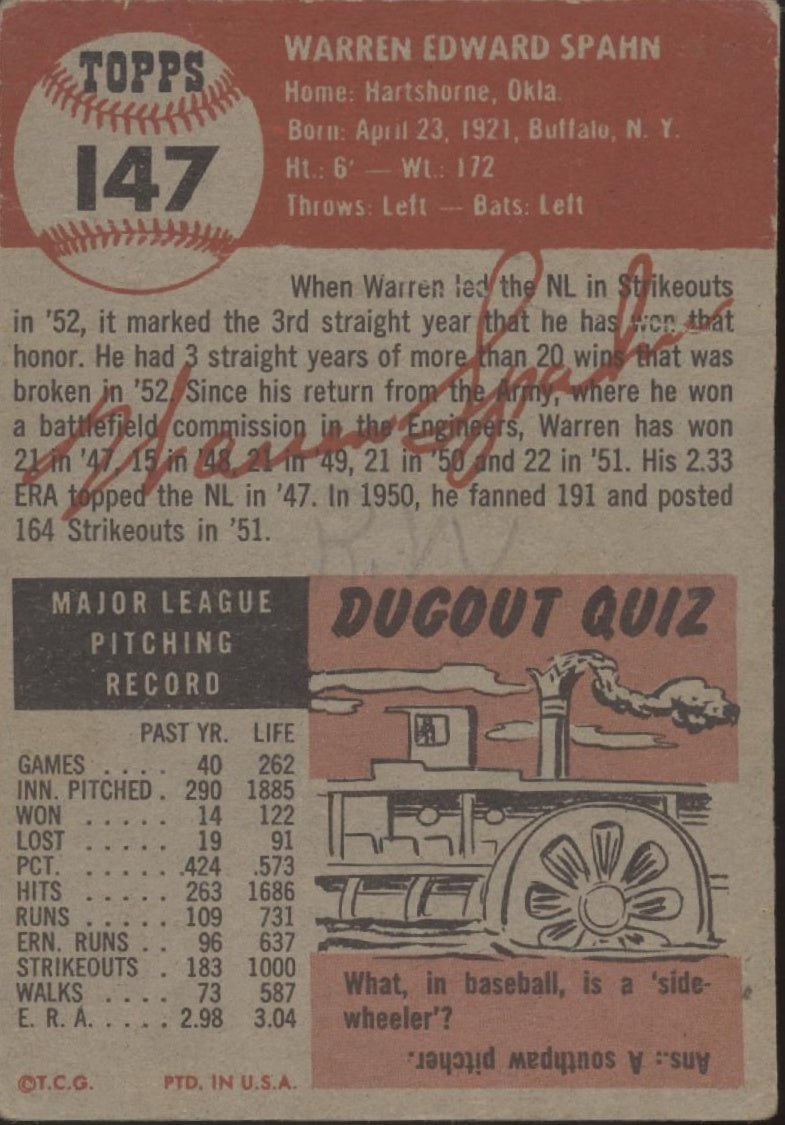 Warren Spahn 1953 Topps #147 Boston Braves GD - Collector Store LLC