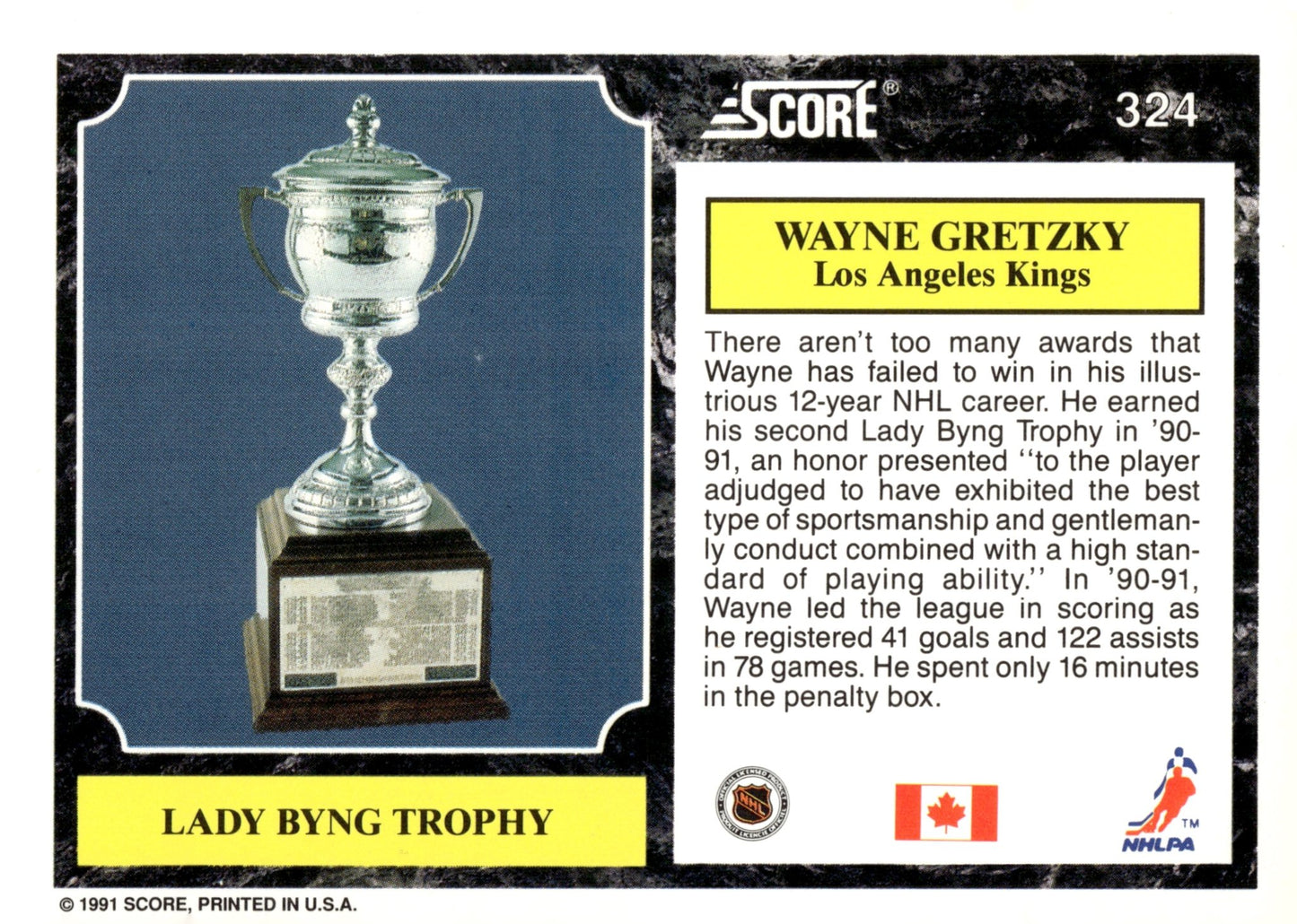 Wayne Gretzky 1991 - 92 Score Lady Byng Trophy #324 - Collector Store LLC