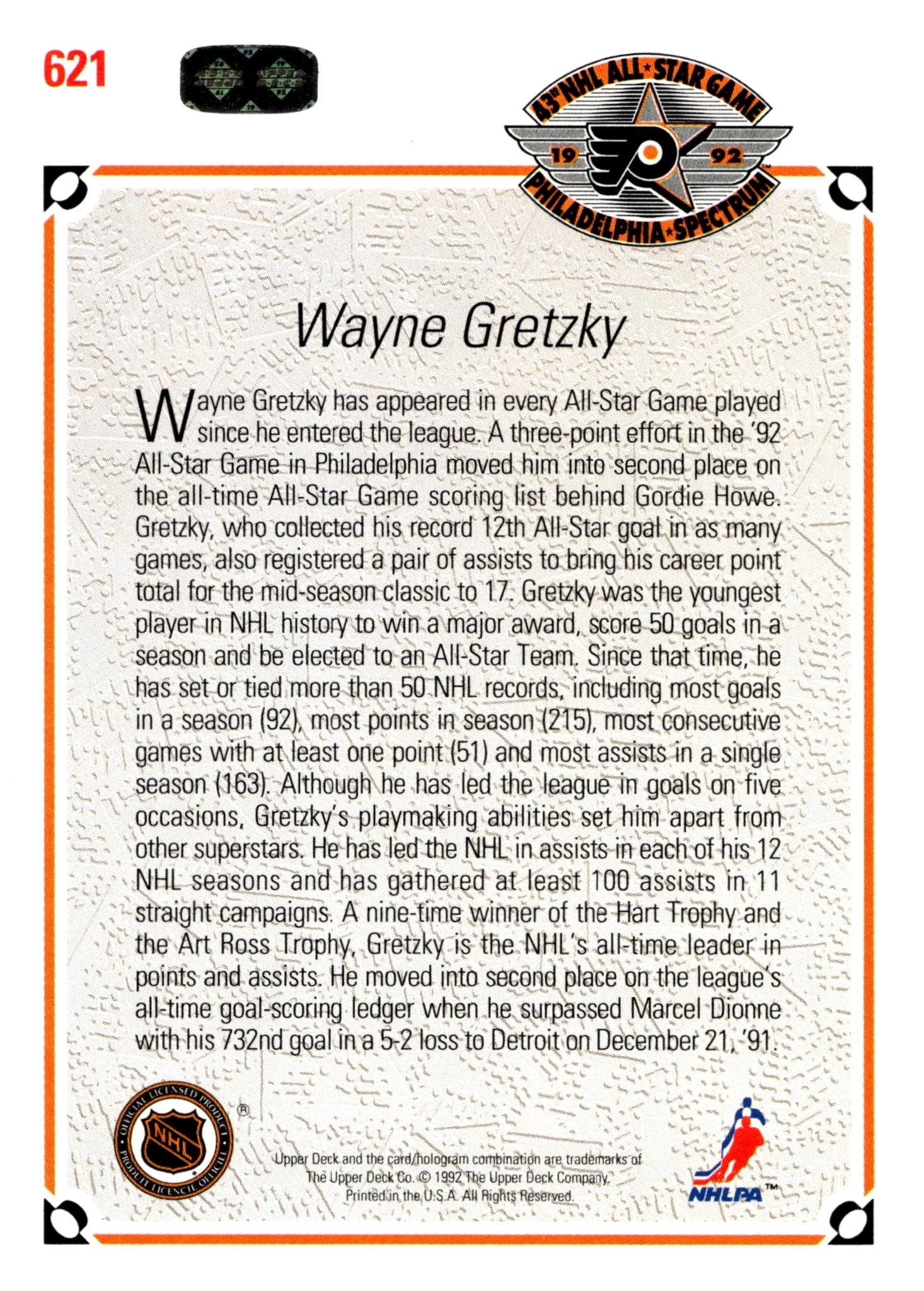 Wayne Gretzky 1991 - 92 Upper Deck All Star #621 #1 - Collector Store LLC