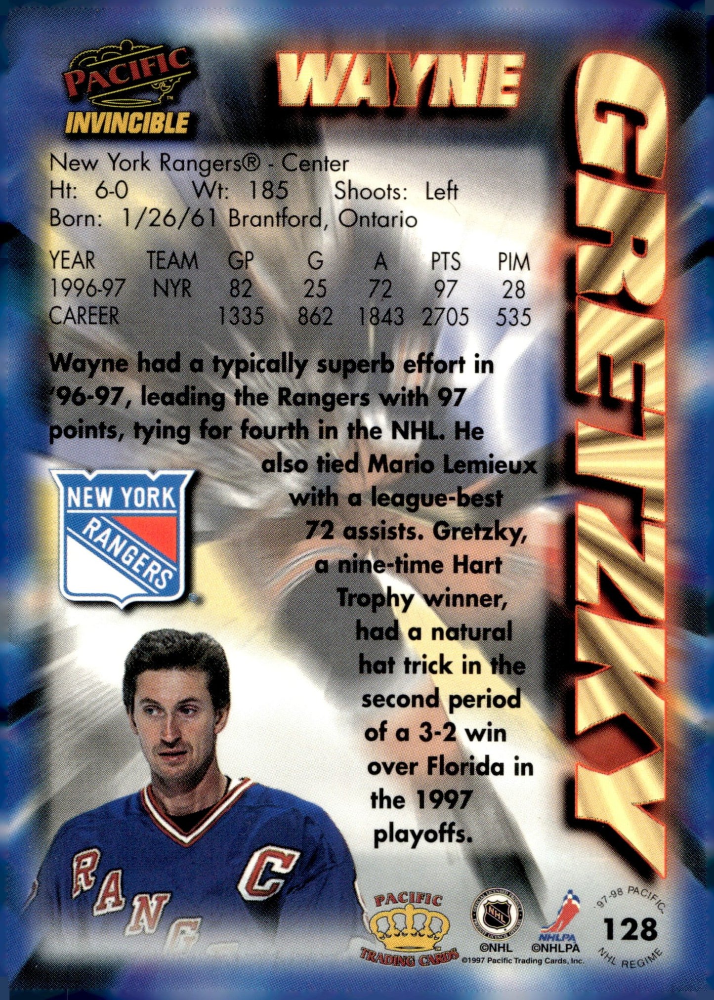 Wayne Gretzky 1997 - 98 Pacific Invincible Regime #128 - Collector Store LLC