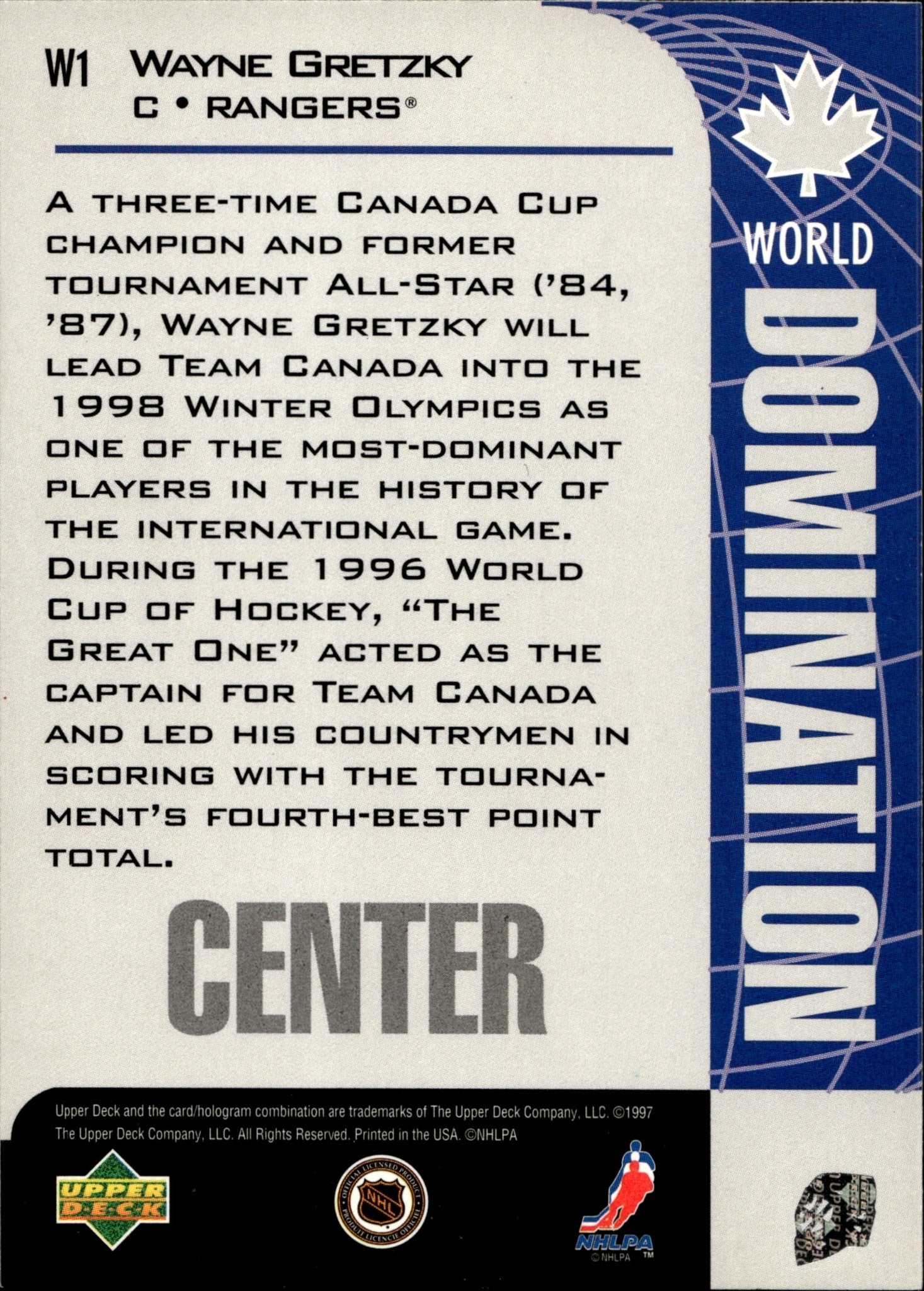 Wayne Gretzky 1997 - 98 Upper Deck Collector's Choice World Domination #W1 - Collector Store LLC