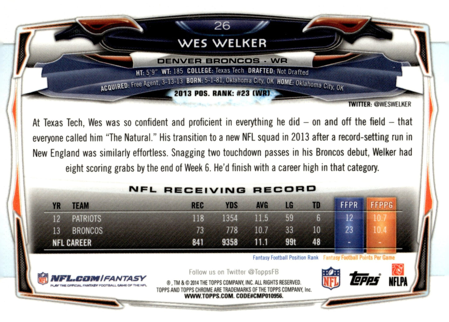 Wes Welker 2014 Topps Chrome Refractor Mini #26 - Collector Store LLC