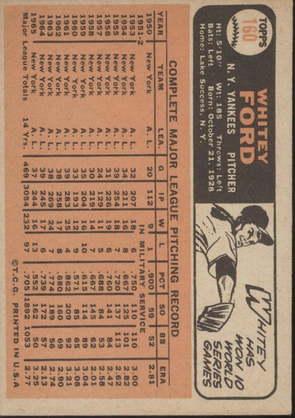 Whitey Ford 1966 Topps #160 New York Yankees VG - Collector Store LLC