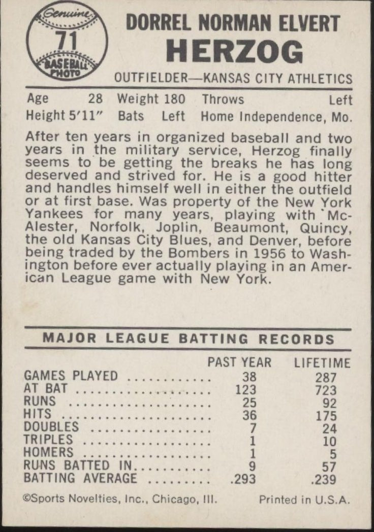 Whitey Herzog 1960 Leaf #71 Kansas City Athletics EX - Collector Store LLC