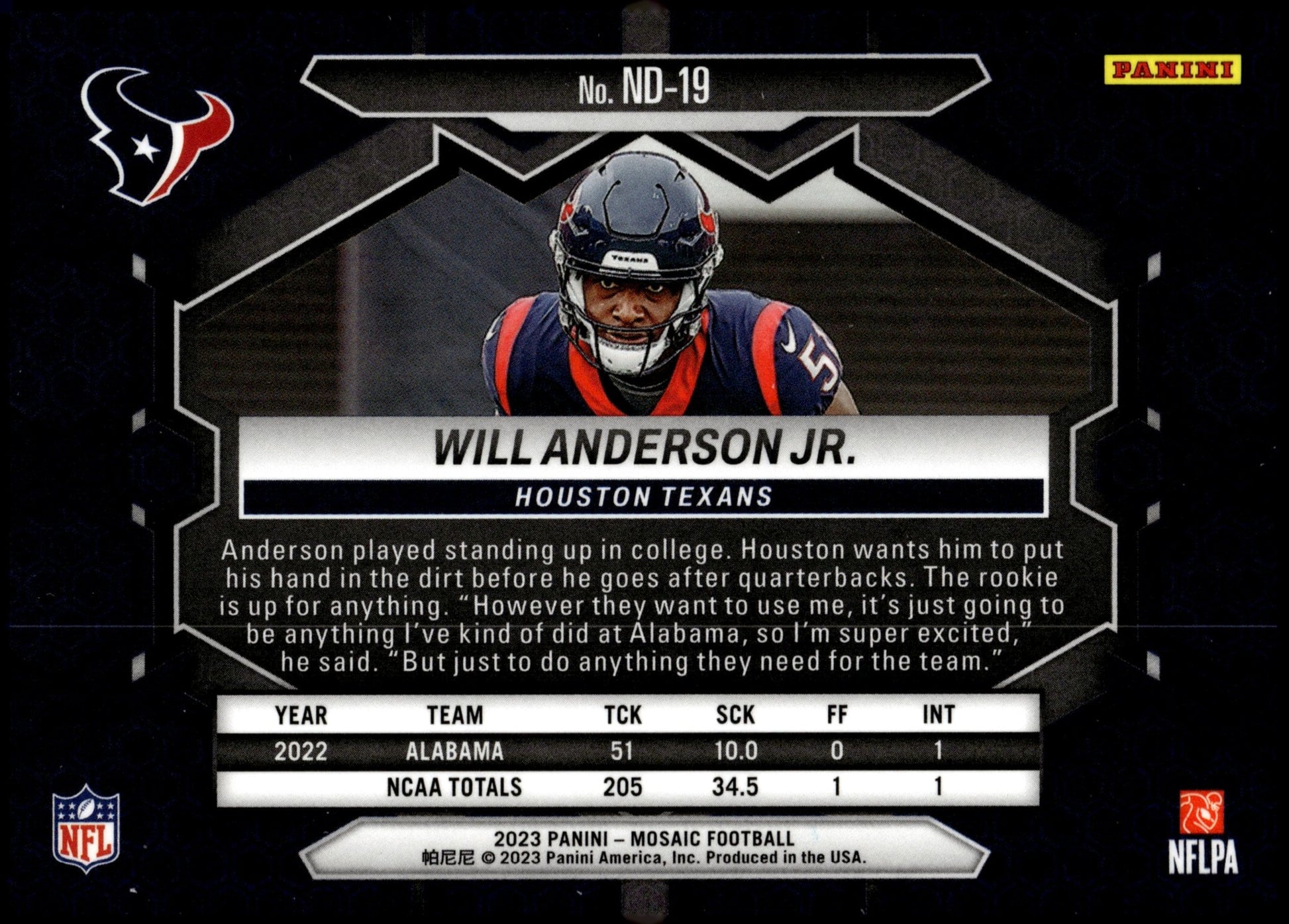 Will Anderson Jr. 2023 Panini Mosaic NFL Debut RC #ND - 19 - Collector Store LLC