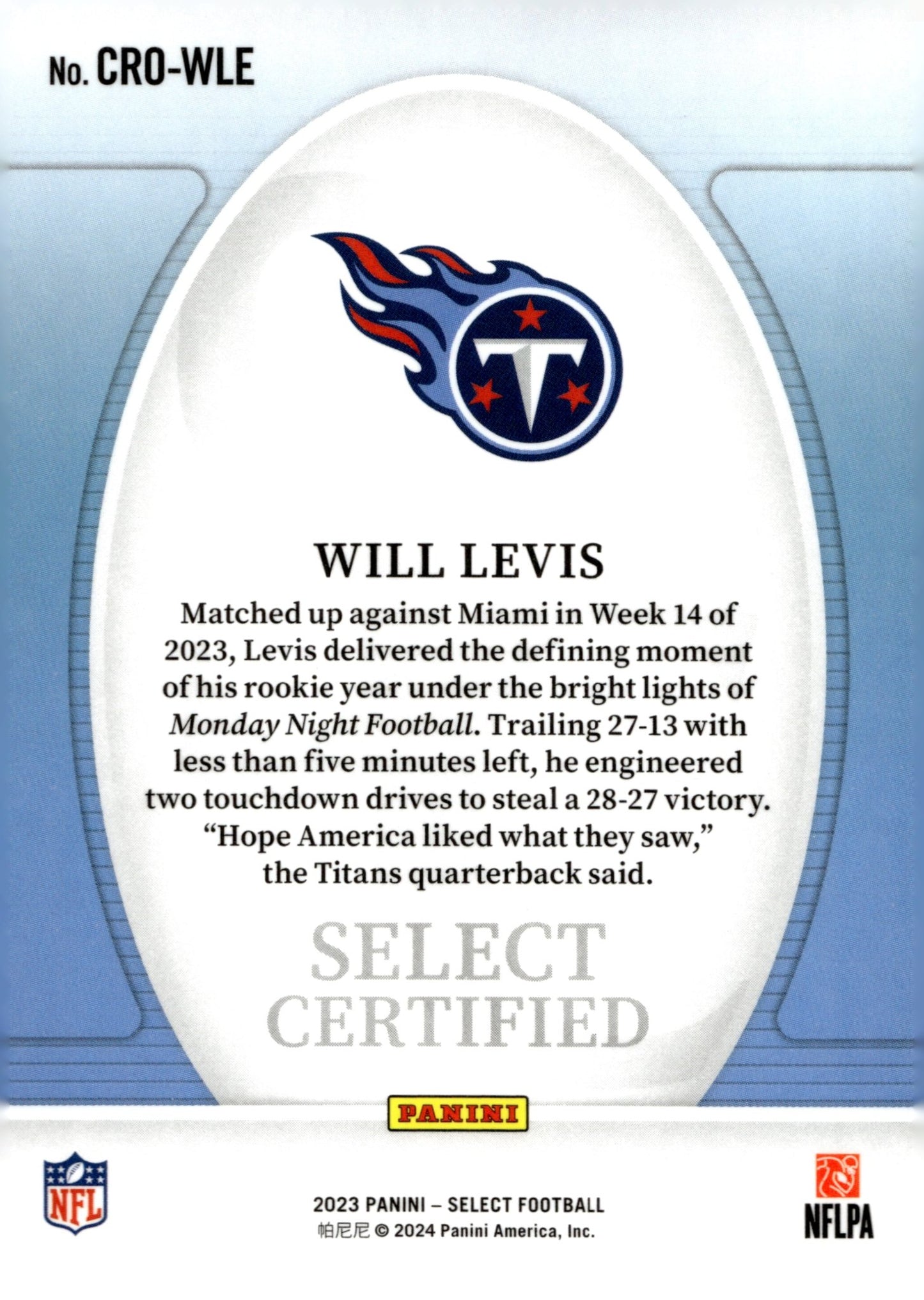 Will Levis 2023 Panini Select Certified RC #CRO - WLE - Collector Store LLC