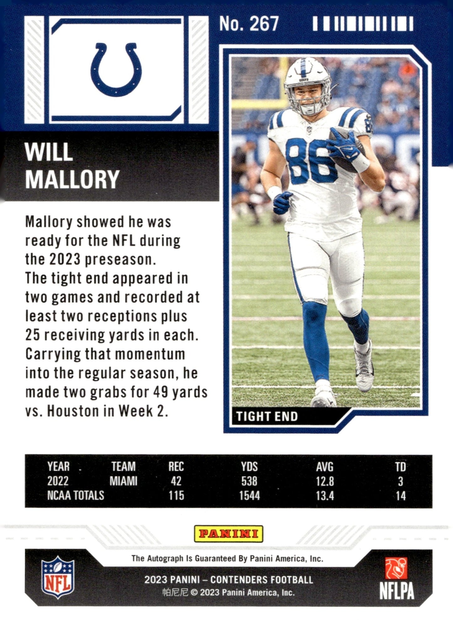 Will Mallory 2023 Panini Contenders Rookie Ticket RC Auto #267 - Collector Store LLC