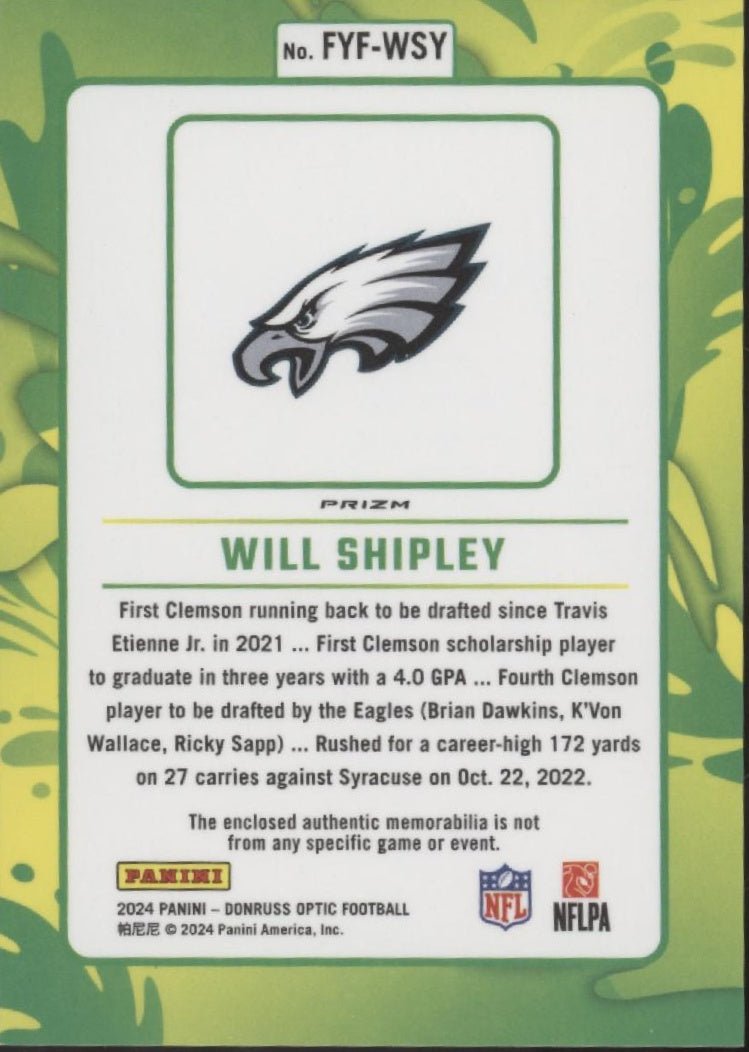 Will Shipley 2024 Panini Donruss Optic 1st Year Fresh Green Hyper Swatch RC - Collector Store LLC