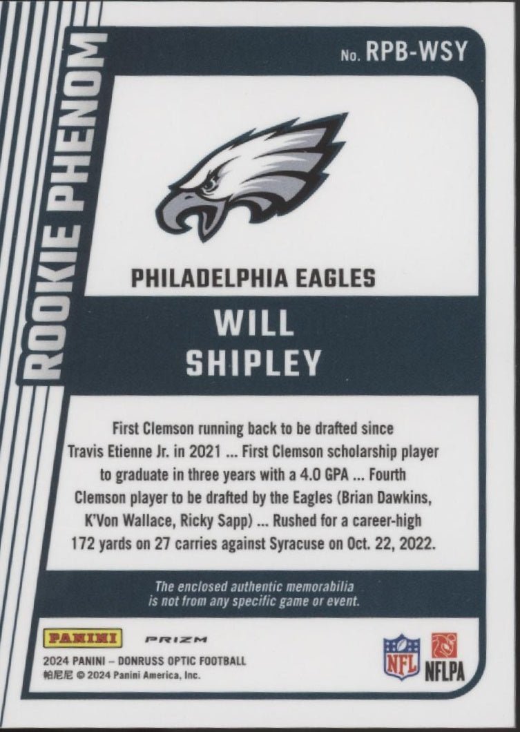 Will Shipley 2024 Panini Donruss Optic Rookie Phenom Blue Prizm Swatch RC - Collector Store LLC