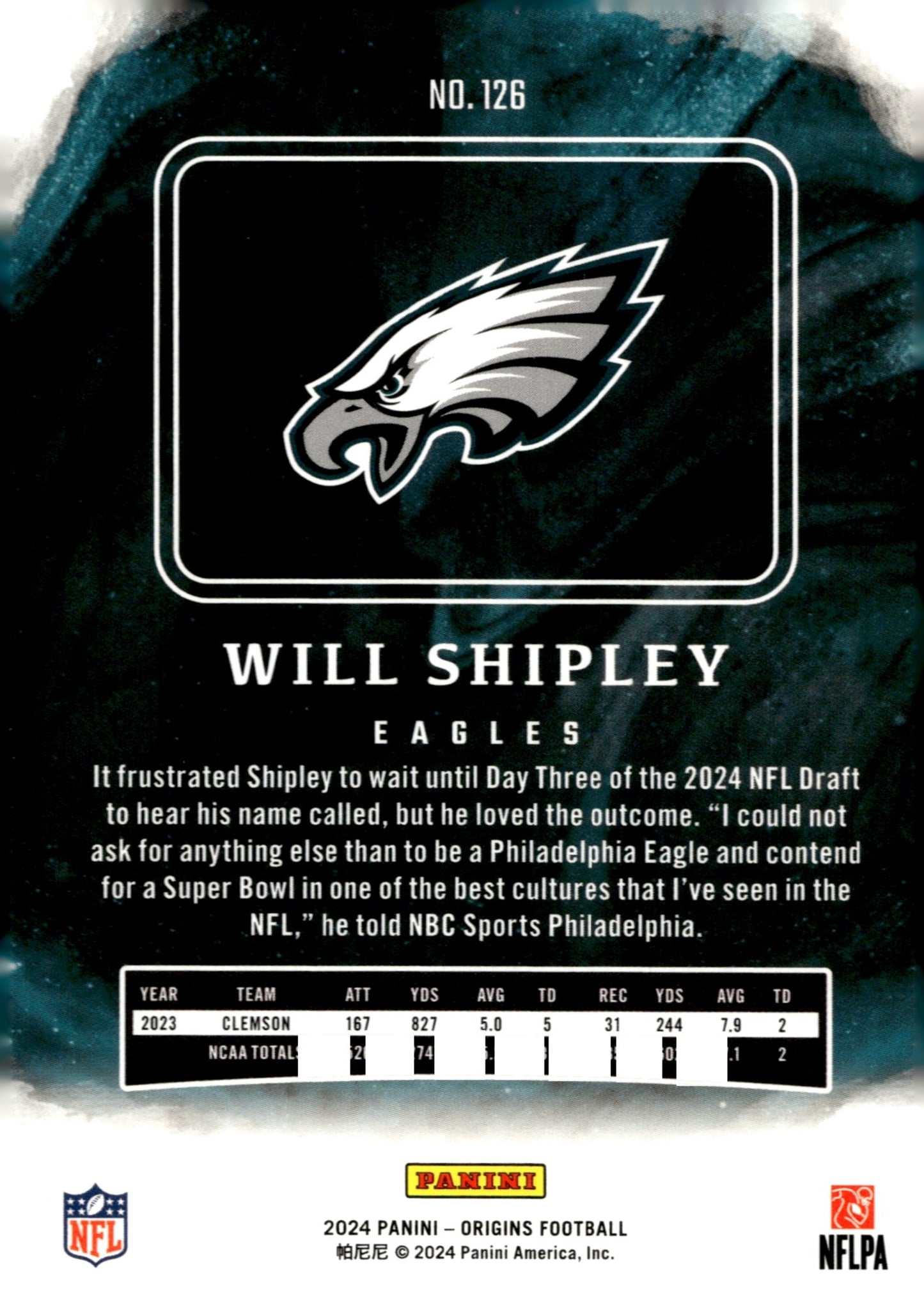 Will Shipley 2024 Panini Origins Red RC 154/299 #126 - Collector Store LLC