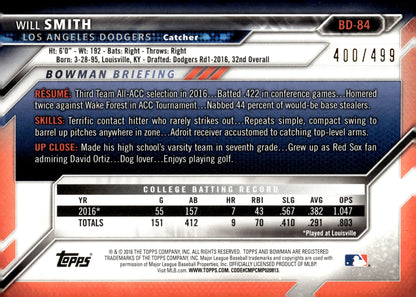 Will Smith 2016 Bowman Black Border 400/499 #BD - 84 - Collector Store LLC