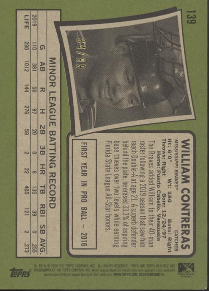 William Contreras 2020 Topps Heritage Blue 34/99 #139 - Collector Store LLC